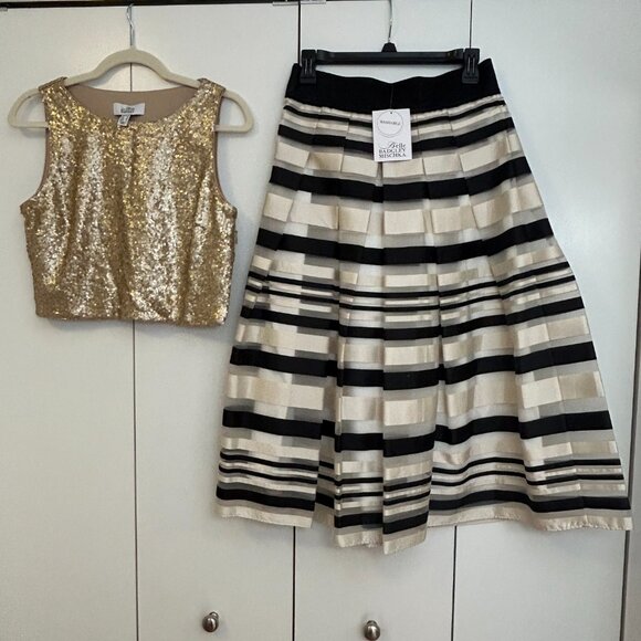 Stunning Badgley Mischka Cropped Gold Sequin Top and Striped Skirt Set - Picture 2 of 7